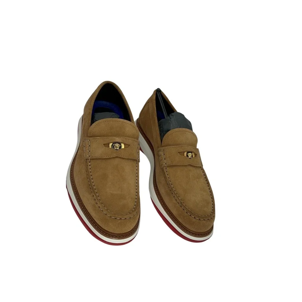 Versace‎ Suede Medusa Head Loafers Tan Brown Slip On Men's Shoes Size 39